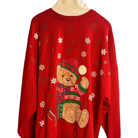 VTG 90s Nutcracker Teddy Bear Christmas Sweatshirt Women’s 20W/40 Red Snowflakes - Picture 2 of 9